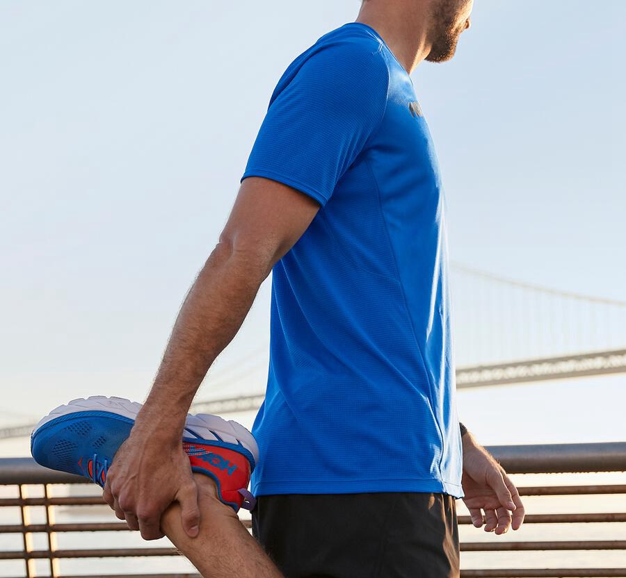 Top Hoka One One Hombre - Performance Short Sleeve - Azules - AKQ102396